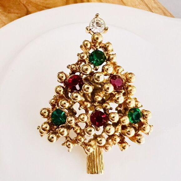 Vintage Jewelry - Vintage Christmas Tree Holiday Brooch Pin Gold Tone Multicolor Rhinestones 1151